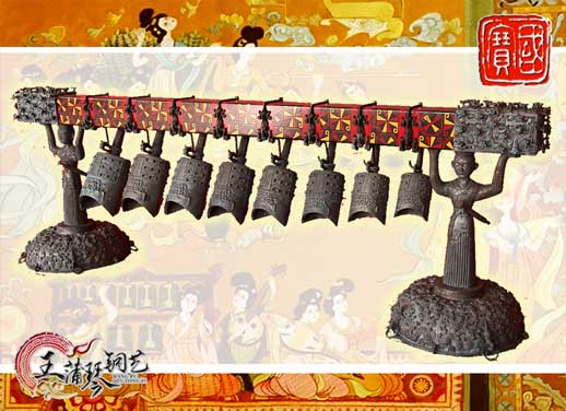 8件古編鐘，銅人銅座裝飾，可發(fā)音